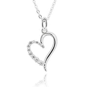 Equilibrium silver plated open-heart pendant necklace with a smooth curved half and a sparkling crystal-effect half.