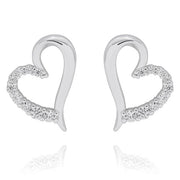 Equilibrium silver plated open-heart earrings, each with a smooth curved half and a sparkling crystal-effect half.