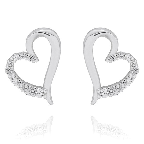 Equilibrium silver plated open-heart earrings, each with a smooth curved half and a sparkling crystal-effect half.