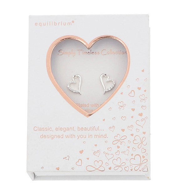 Equilibrium Two Halves heart earrings displayed in a Simply Timeless Collection presentation box.