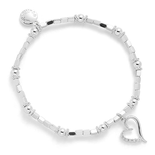 Equilibrium Simply Timeless Collection bracelet with alternating tubular and round silver-plated beads and an open heart Cubic Zirconia charm