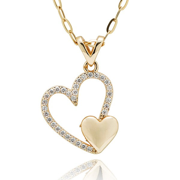 Equilibrium gold plated Heart Duo necklace with a sparkling open-heart pendant and a smaller polished heart