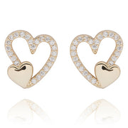 Equilibrium gold plated Heart Duo stud earrings with sparkling open hearts and smaller polished hearts.