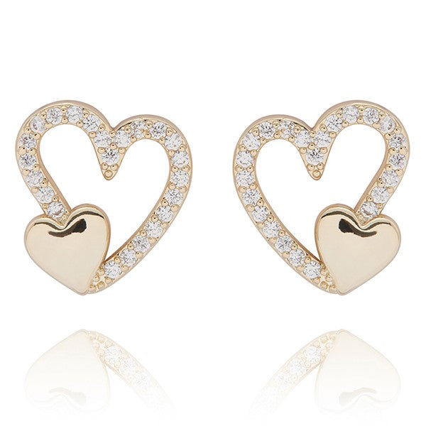 Equilibrium gold plated Heart Duo stud earrings with sparkling open hearts and smaller polished hearts.