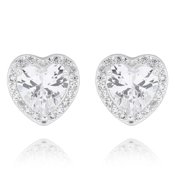 Equilibrium silver plated heart stud earrings with faceted crystal-effect centres and smaller sparkling details around the edges.