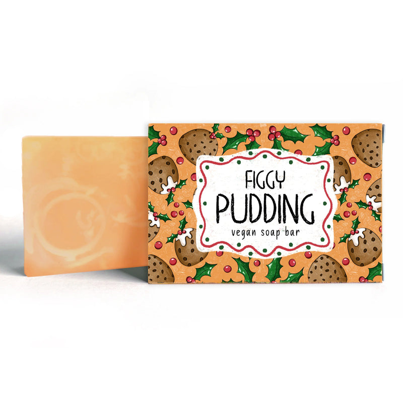 Neon Magpie Figgy Pudding Vegan Soap Bar in festive orange packaging with holly and figgy pudding design, 120g