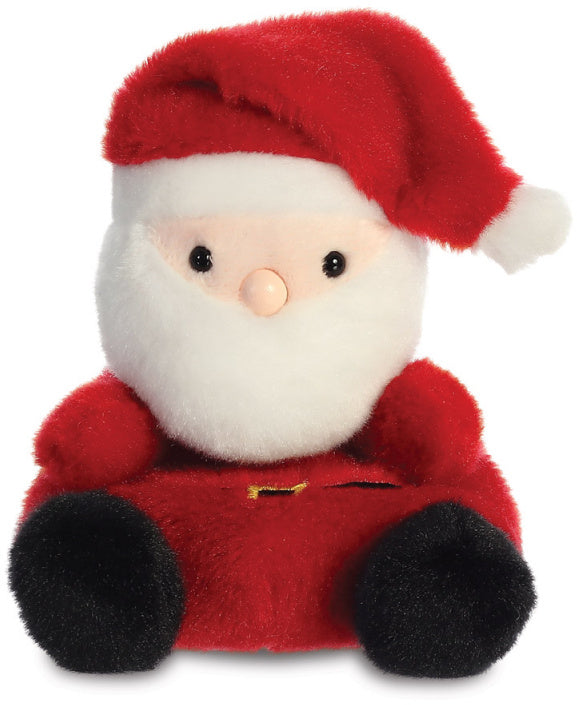 Santa Claus Palm Pal a squishy plush with a fluffy white beard red suit with gold belt buckle detail and red hat with white trim shown from the front