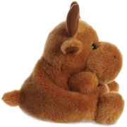 Side view of Cinnamon the Reindeer Palm Pal showing the warm golden-brown plush body and fluffy feet