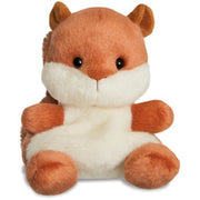 Nibbles the Squirrel Palm Pals plush, russet and cream soft toy squirrel with fluffy brown tail, black bead eyes and fluffy feet, front view, white background