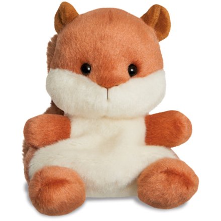 Nibbles the Squirrel Palm Pals plush, russet and cream soft toy squirrel with fluffy brown tail, black bead eyes and fluffy feet, front view, white background
