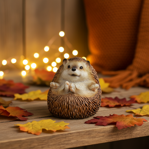 A small resin hedgehog ornament sitting curled in its spiky round body with tiny paws clasped together, displayed on a wooden surface in a warm cosy autumnal indoor setting with golden amber tones and soft bokeh fairy lights in the background