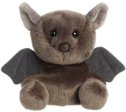 Luna the Bat Palm Pal a dark brown fluffy plush with dark grey wings shiny black eyes and a small brown nose shown from the front