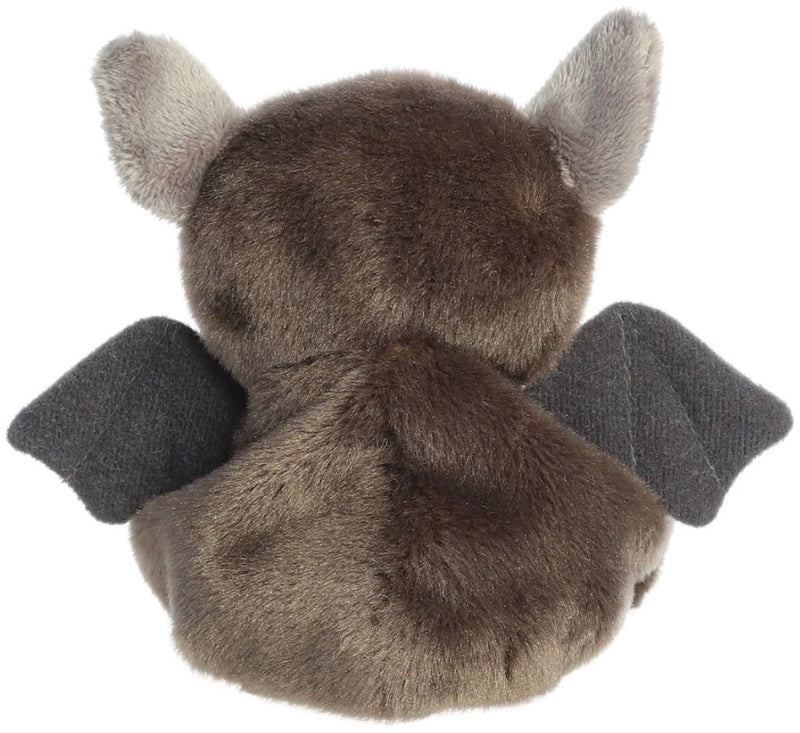 Rear view of Luna the Bat Palm Pal showing the dark grey wings and fluffy brown back