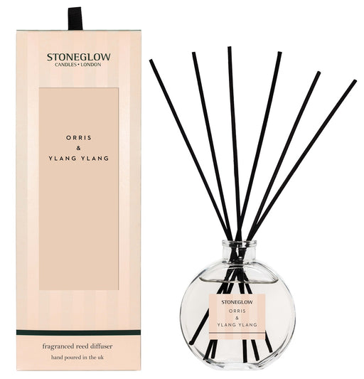 Stoneglow Modern Classics Orris and Ylang Ylang Reed Diffuser in globe glass vessel with black reeds, shown with blush pink gift box