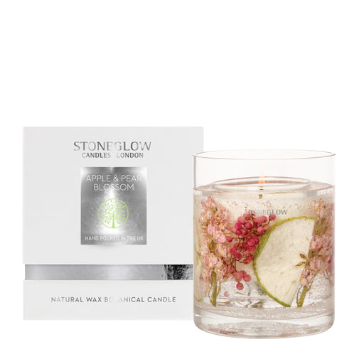 Stoneglow Nature's Gift Apple and Pear Blossom natural wax botanical candle in gel tumbler with dried botanicals and fruit slices, shown with white gift box
