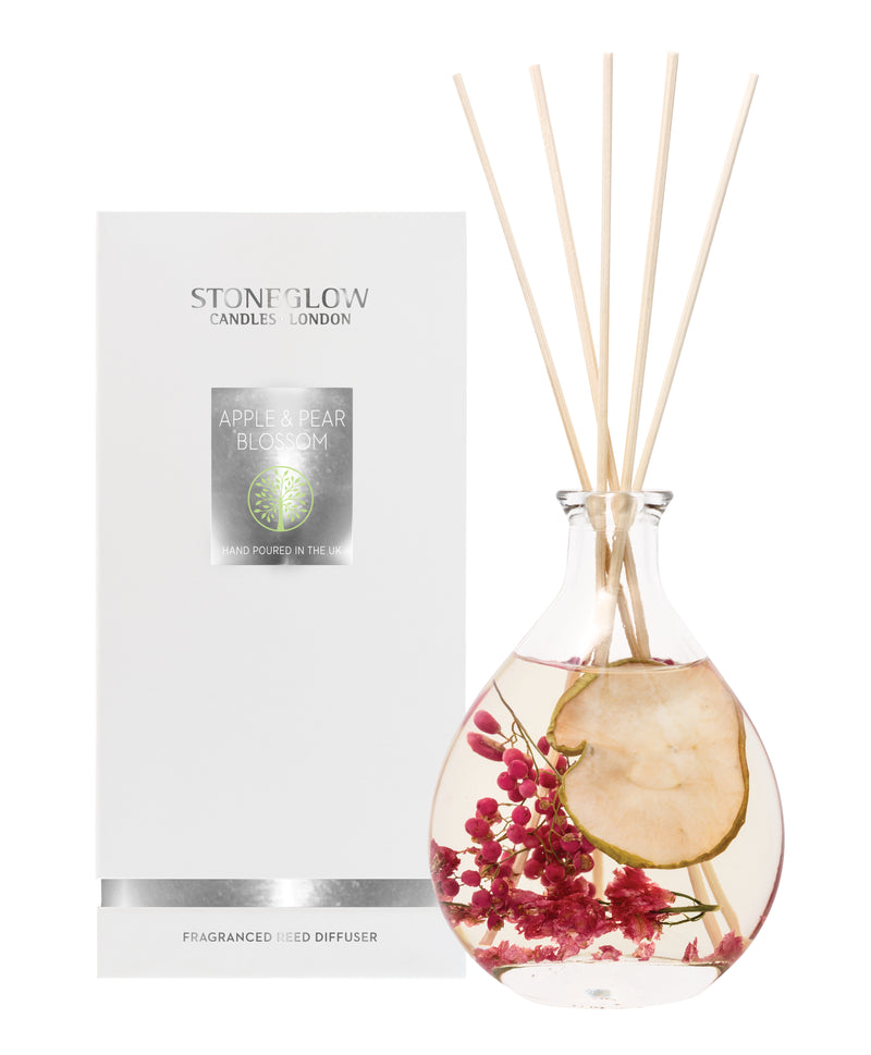 Stoneglow Nature's Gift Apple and Pear Blossom Reed Diffuser shown with white gift box and rattan reeds