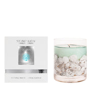 Stoneglow Nature's Gift Ocean natural wax candle in gel tumbler with seashells, shown with white gift box