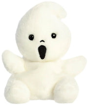 Boo the Ghost Palm Pal an all-white fluffy plush with a pointy head shiny black eyes and little stubby arms shown from the front