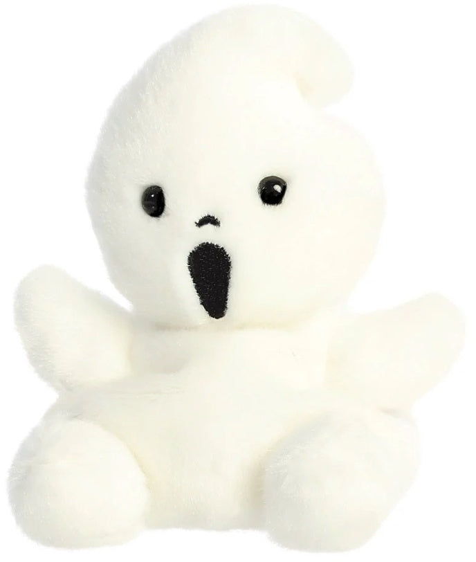 Angled front view of Boo the Ghost Palm Pal showing the pointy head and fluffy white body