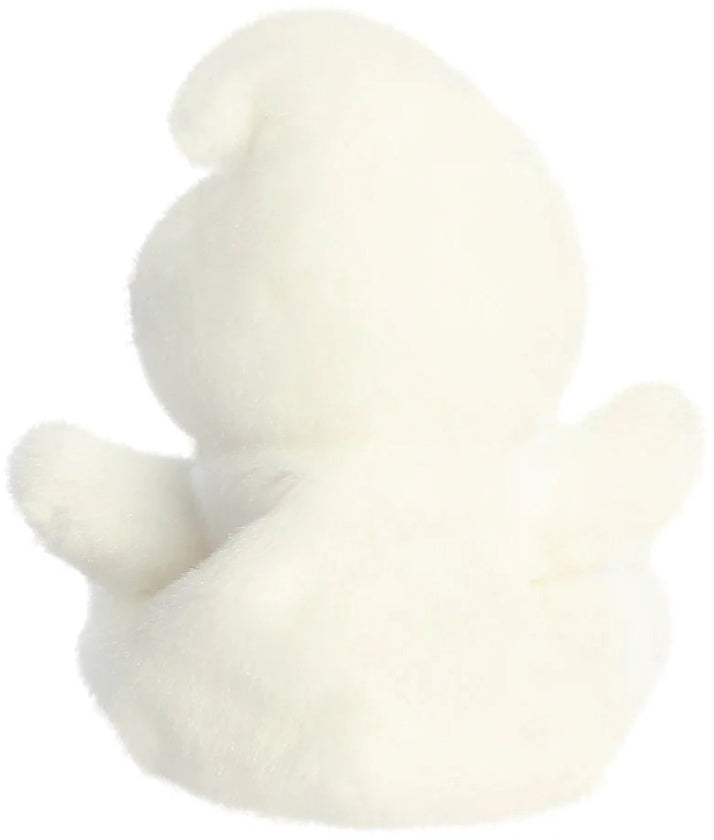 Rear view of Boo the Ghost Palm Pal showing the all-white fluffy body and pointy head