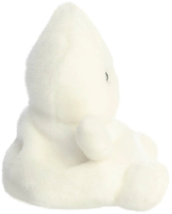 Side view of Boo the Ghost Palm Pal showing the pointy head and fluffy white profile