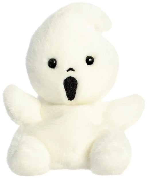 Boo the Ghost Palm Pal an all-white fluffy plush with a pointy head shiny black eyes and little stubby arms shown from the front