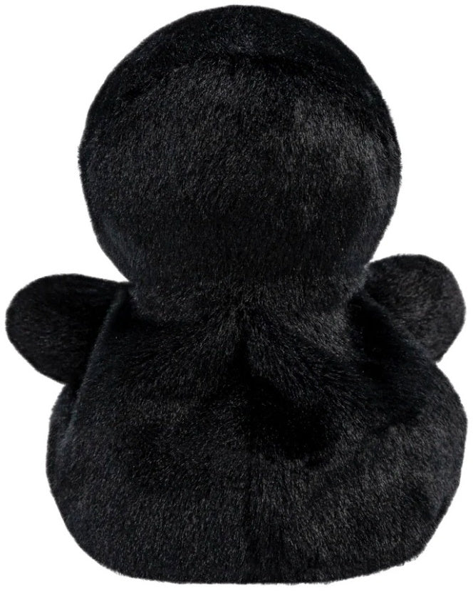 Rear view of Skelly the Skeleton Palm Pal showing the all-black hooded costume