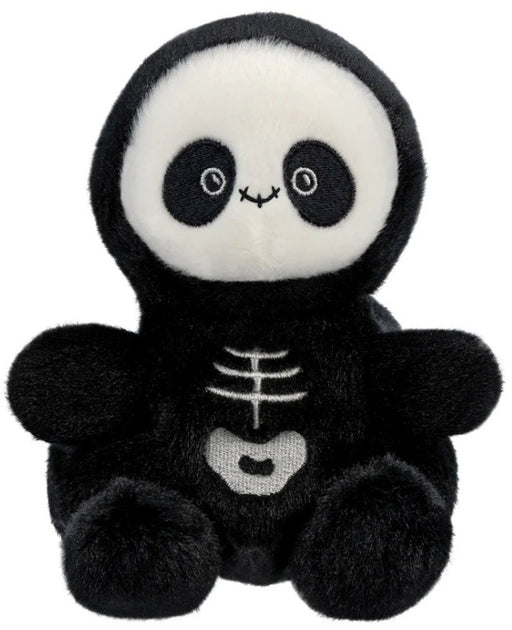 Skelly the Skeleton Palm Pal a spooky-cute black plush in a hooded skeleton costume with cream face large dark eye circles stitch-style smile and ribcage detail on the chest shown from the front