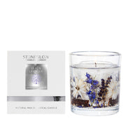 Stoneglow Nature's Gift Lilac and Lavender natural wax botanical candle in gel tumbler with real dried florals, shown with white gift box