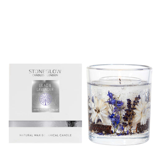 Stoneglow Nature's Gift Lilac and Lavender natural wax botanical candle in gel tumbler with real dried florals, shown with white gift box