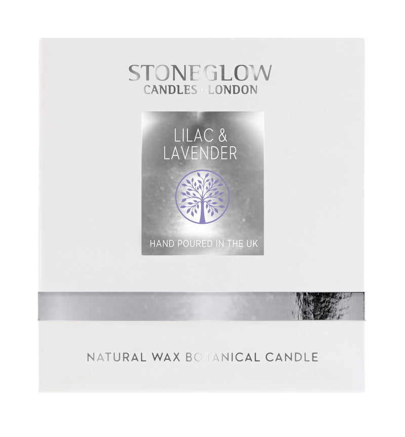 Stoneglow Nature's Gift Lilac and Lavender candle gift box close-up showing Stoneglow Candles London branding