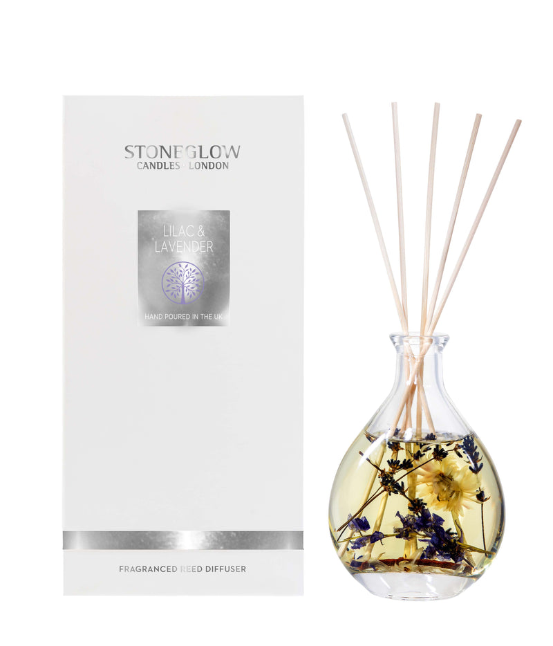 Stoneglow Nature's Gift Lilac and Lavender Reed Diffuser with real dried florals and botanicals in rounded glass vessel, shown with white gift box