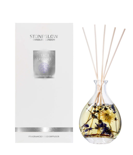 Stoneglow Nature's Gift Lilac and Lavender Reed Diffuser with real dried florals and botanicals in rounded glass vessel, shown with white gift box