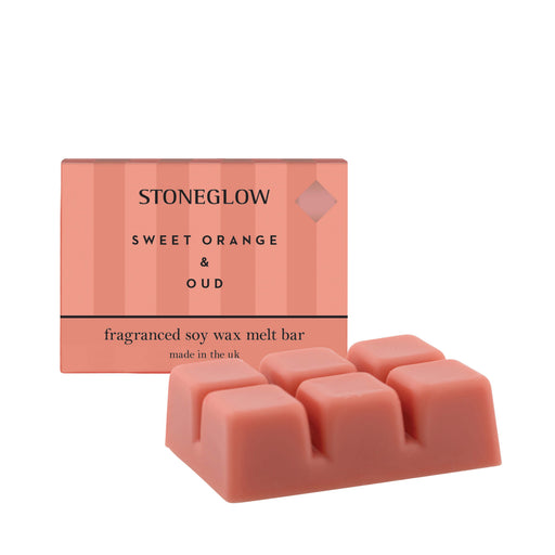 Stoneglow Modern Classics Sweet Orange and Oud soy wax melt snap bar in coral packaging, bar shown alongside box