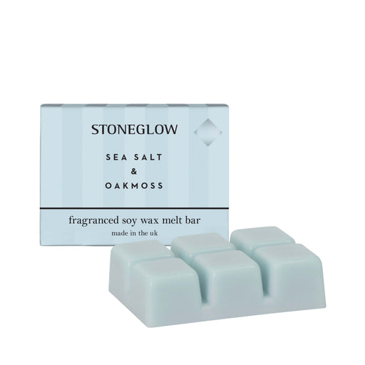 Stoneglow Modern Classics Sea Salt and Oakmoss soy wax melt snap bar in pale blue packaging, bar shown alongside box