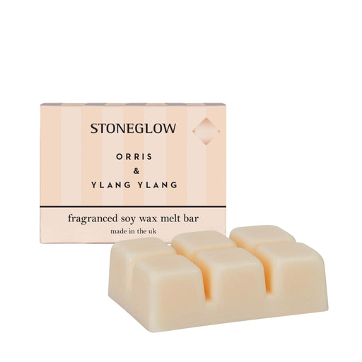 Stoneglow Modern Classics Orris and Ylang Ylang soy wax melt snap bar in warm blush packaging, bar shown alongside box