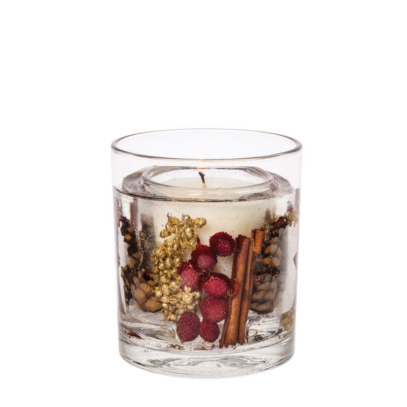 Cosy Vibes natural wax botanical candle in a clear glass tumbler with dried cinnamon sticks, berries, and seed clusters suspended in gel around the inner candle, on a white background