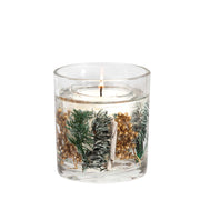 Frosted Woods natural wax botanical candle in a clear gel tumbler with winter botanicals, white background