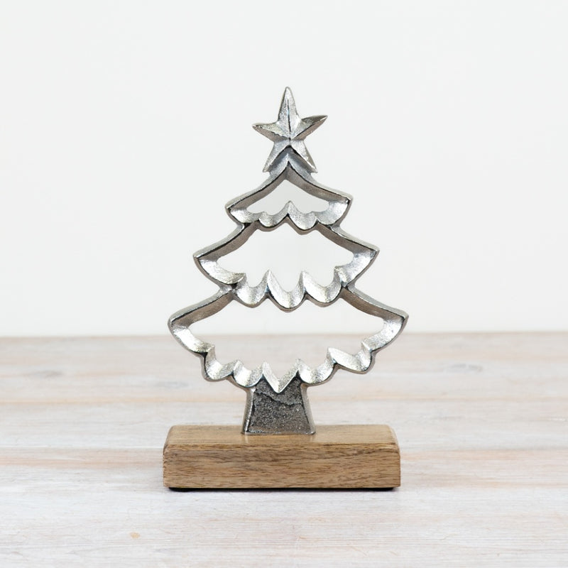 Metal Christmas Tree Ornament on a Wooden Base