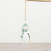 Hanging snowman Christmas tree decoration in sage green hat, scarf and mittens, holding a broom, with jute string hanger, 8cm
