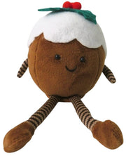 Plush Christmas pudding soft toy with smiley face, stripy legs, holly sprig on top and outstretched arms, 18cm