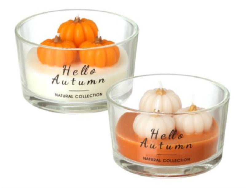 Two Hello Autumn Natural Collection glass dish candles side by side one with a cream wax base and orange pumpkin decorations and one with an orange wax base and cream pumpkin decorations on a white background