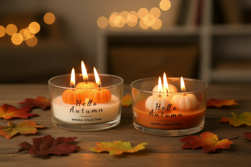 Two Hello Autumn pumpkin candles lit in a warm autumn home setting with fallen leaves and bokeh lights in the background