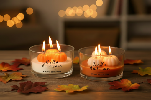 Two Hello Autumn pumpkin candles lit in a warm autumn home setting with fallen leaves and bokeh lights in the background