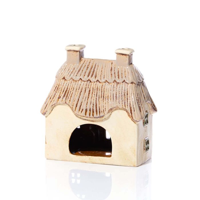 Rear view of cream stoneware floral cottage tealight holder showing large open arch for tealight, Stoneware Country Cottage Collection