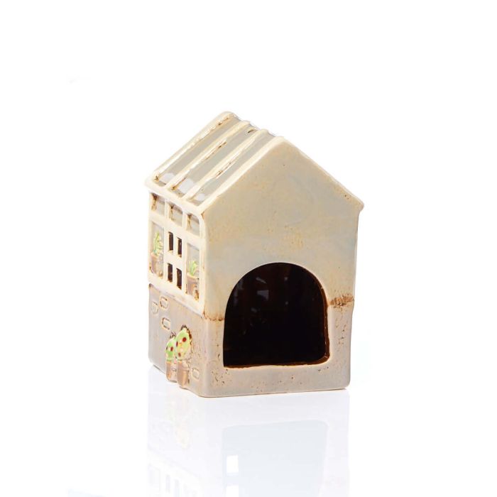 Rear view of stoneware greenhouse tealight holder showing large arch tealight opening and pot plant detail at the base, Stoneware Country Cottage Collection