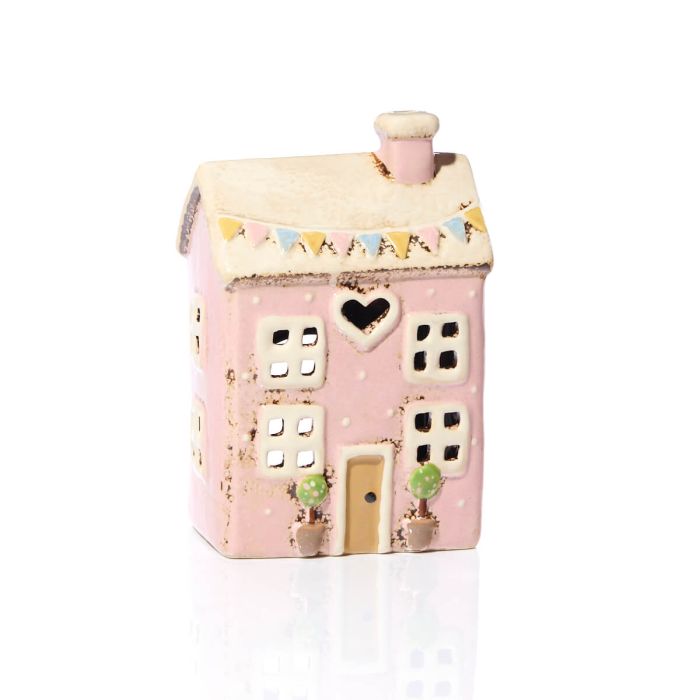  Front view of pink stoneware cottage tealight holder with cream roof, heart cutout and pastel bunting detail, Stoneware Country Cottage Collection