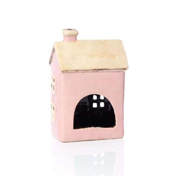 Rear view of pink stoneware cottage tealight holder showing large open arch for tealight, Stoneware Country Cottage Collection