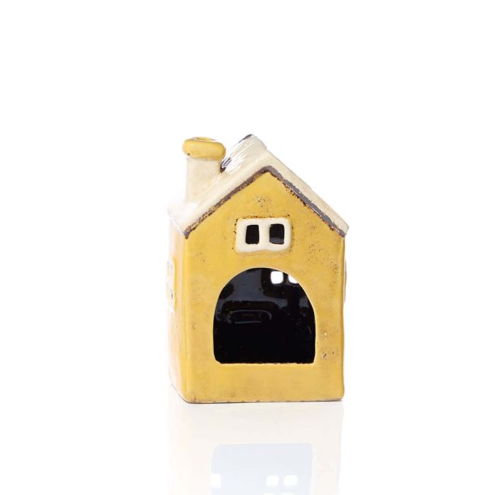 Rear view of yellow stoneware cottage tealight holder showing large open arch for tealight, Stoneware Country Cottage Collection