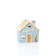 Blue stoneware cottage tealight holder with cream roof, heart cutout above door and embossed bunting, Stoneware Country Cottage Collection